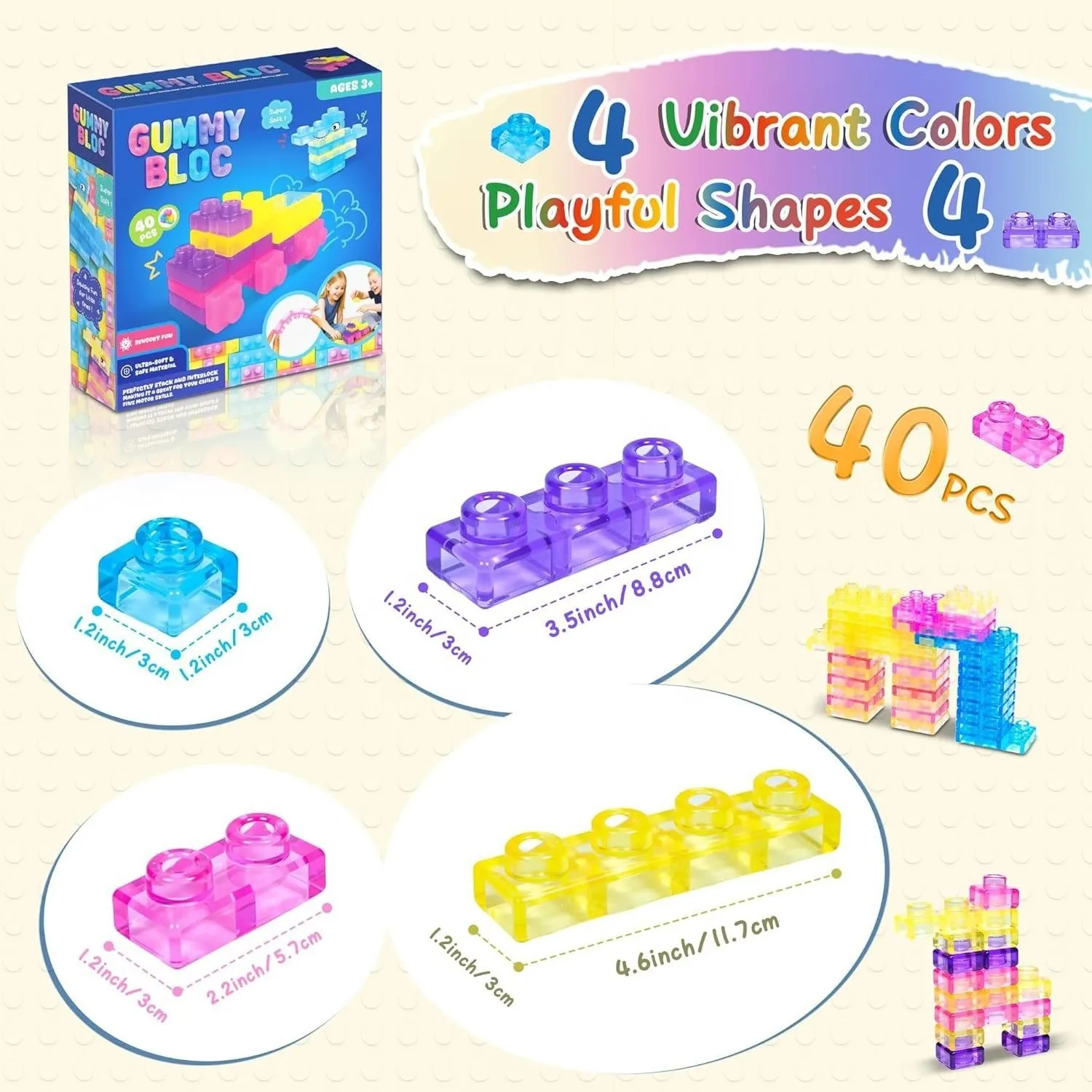 Gummy Bloc 40 PCS - Block Sizes and Build Examples