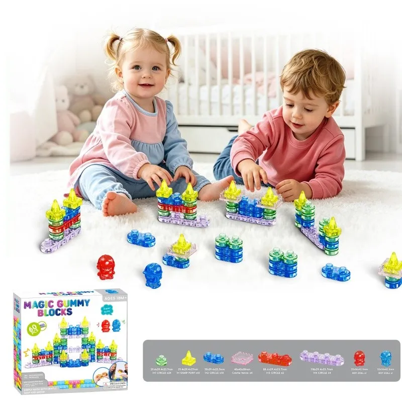 Wholesale Jelly Building Blocks 60 PCS - Magic Gummy Blocks Main View with Packaging