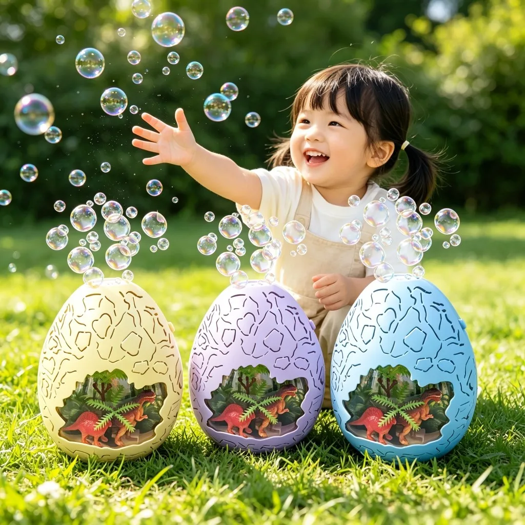 Kids Playing with Dinosaur Egg Bubble Machine Outdoors