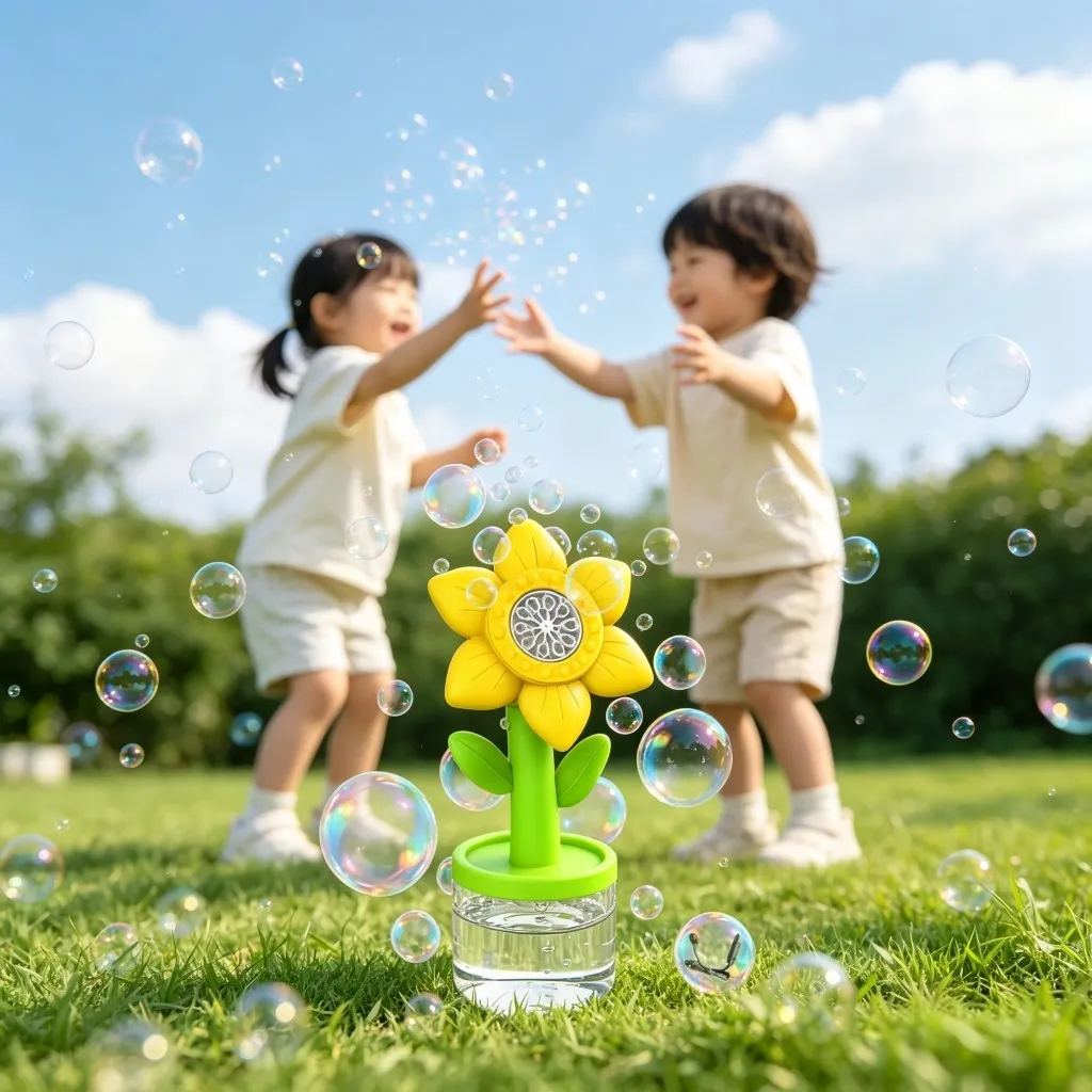 Kids Playing with Sunflower Bubble Blower Outdoors