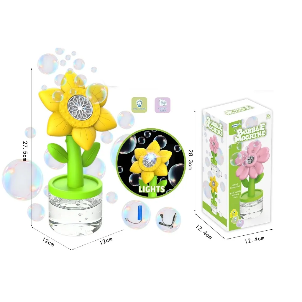 Wholesale Electric Sunflower Bubble Machine - Yellow Main View with Packaging